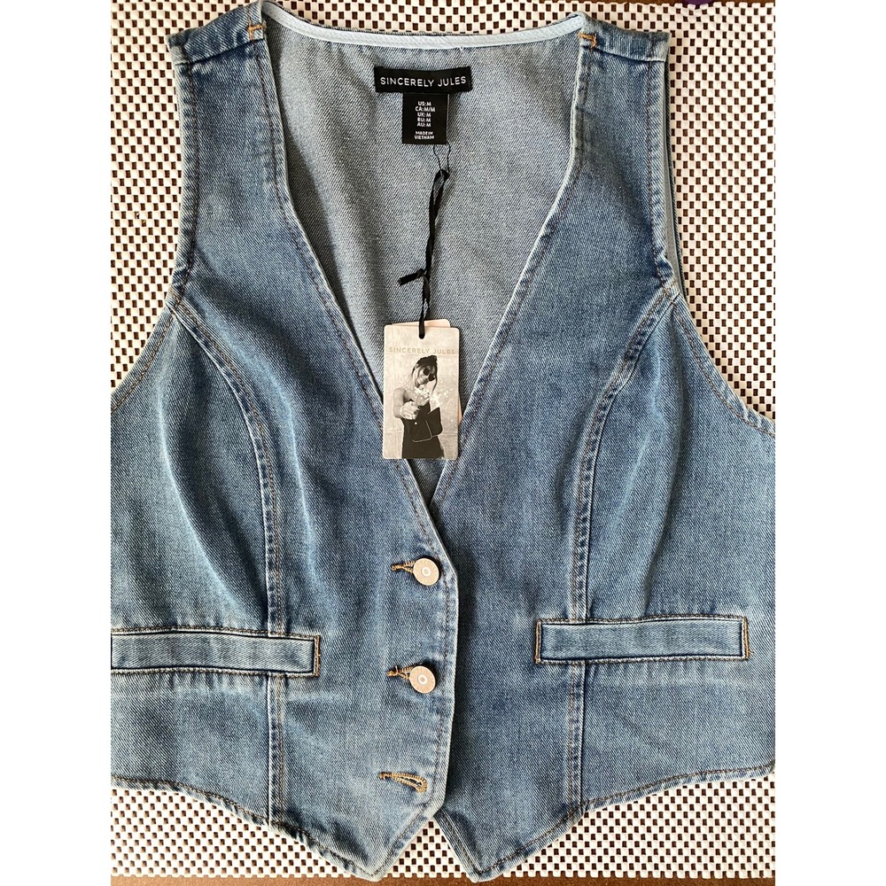 Sincerely Jules Vest Women Medium Denim Blue Button Front Cropped Keywords: Jean